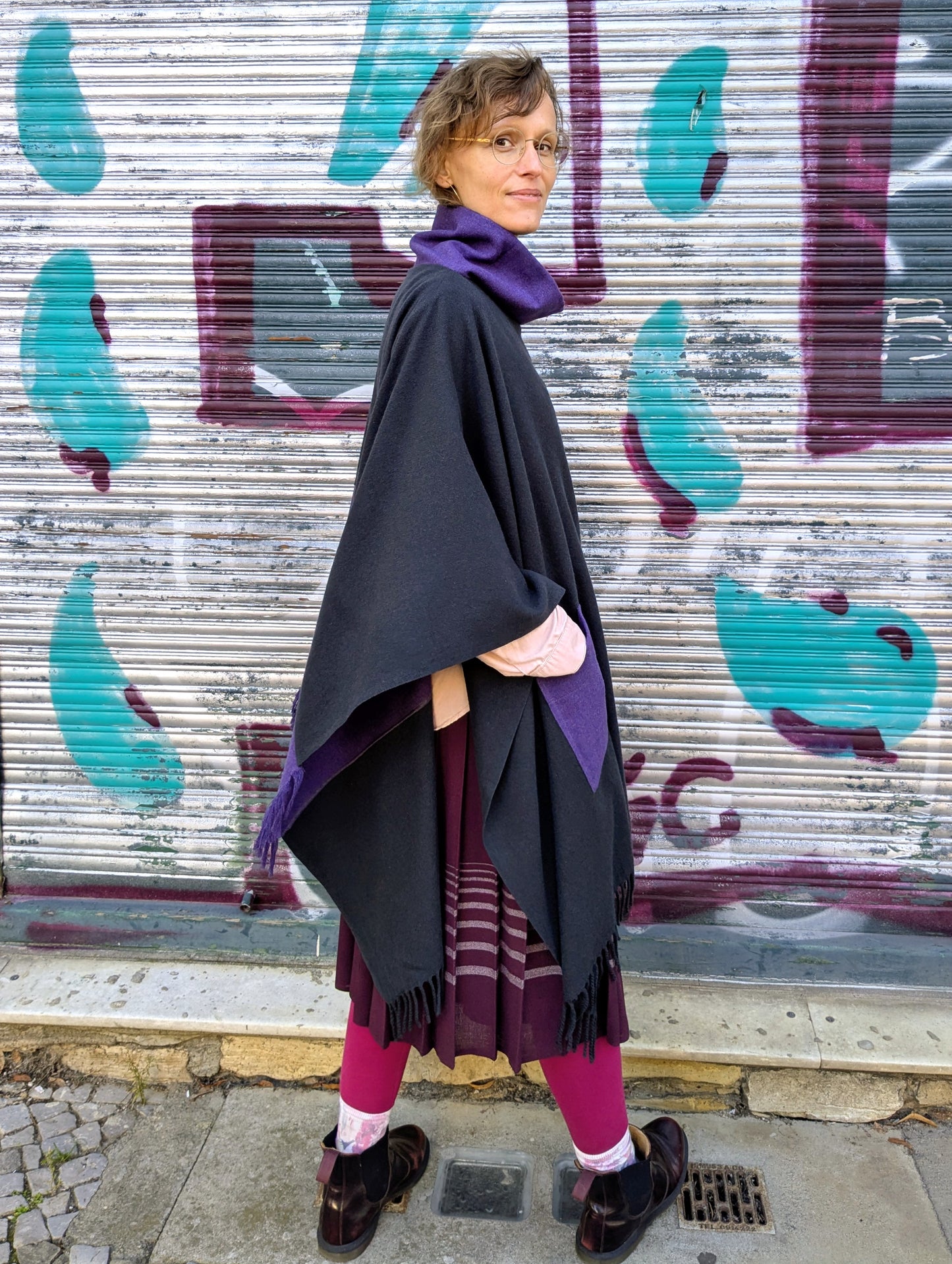 Poncho Kaschmir | Grau | Violett | Unikat