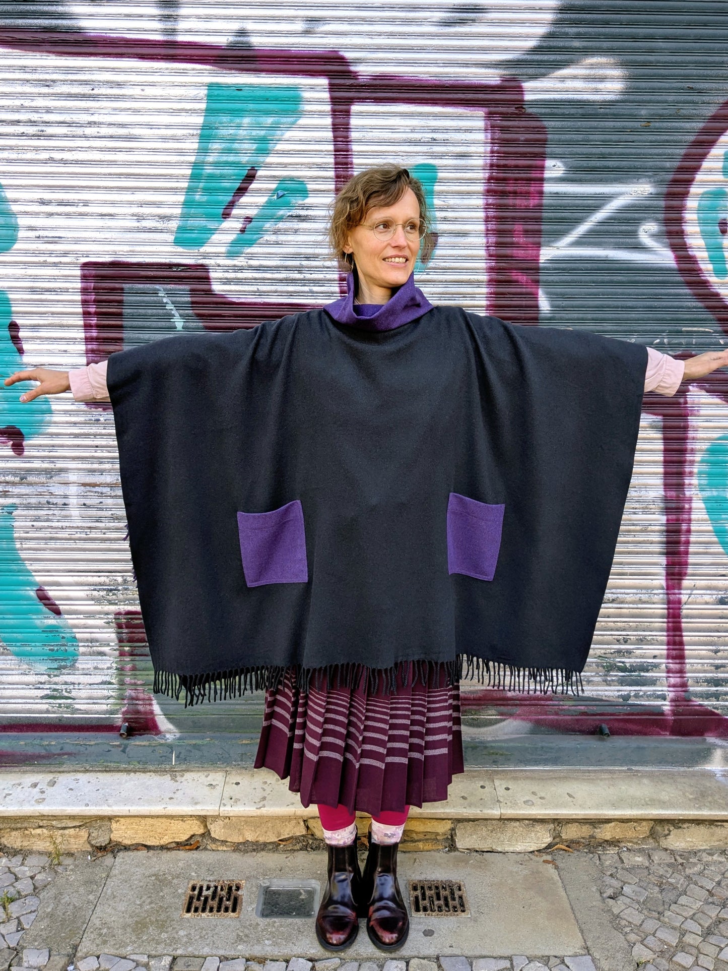 Poncho Kaschmir | Grau | Violett | Unikat