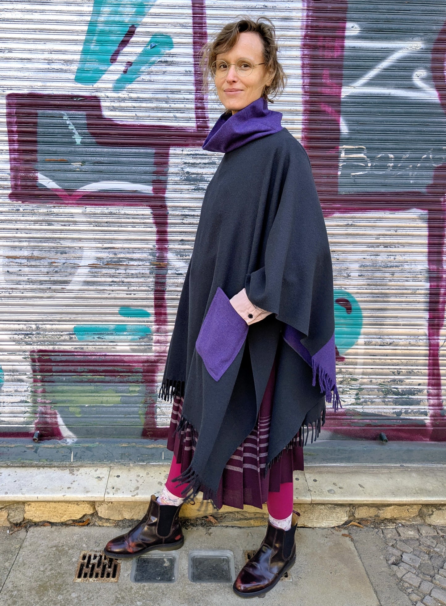 Poncho Kaschmir | Grau | Violett | Unikat