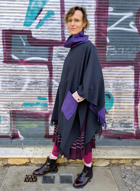 Poncho Kaschmir | Grau | Violett | Unikat