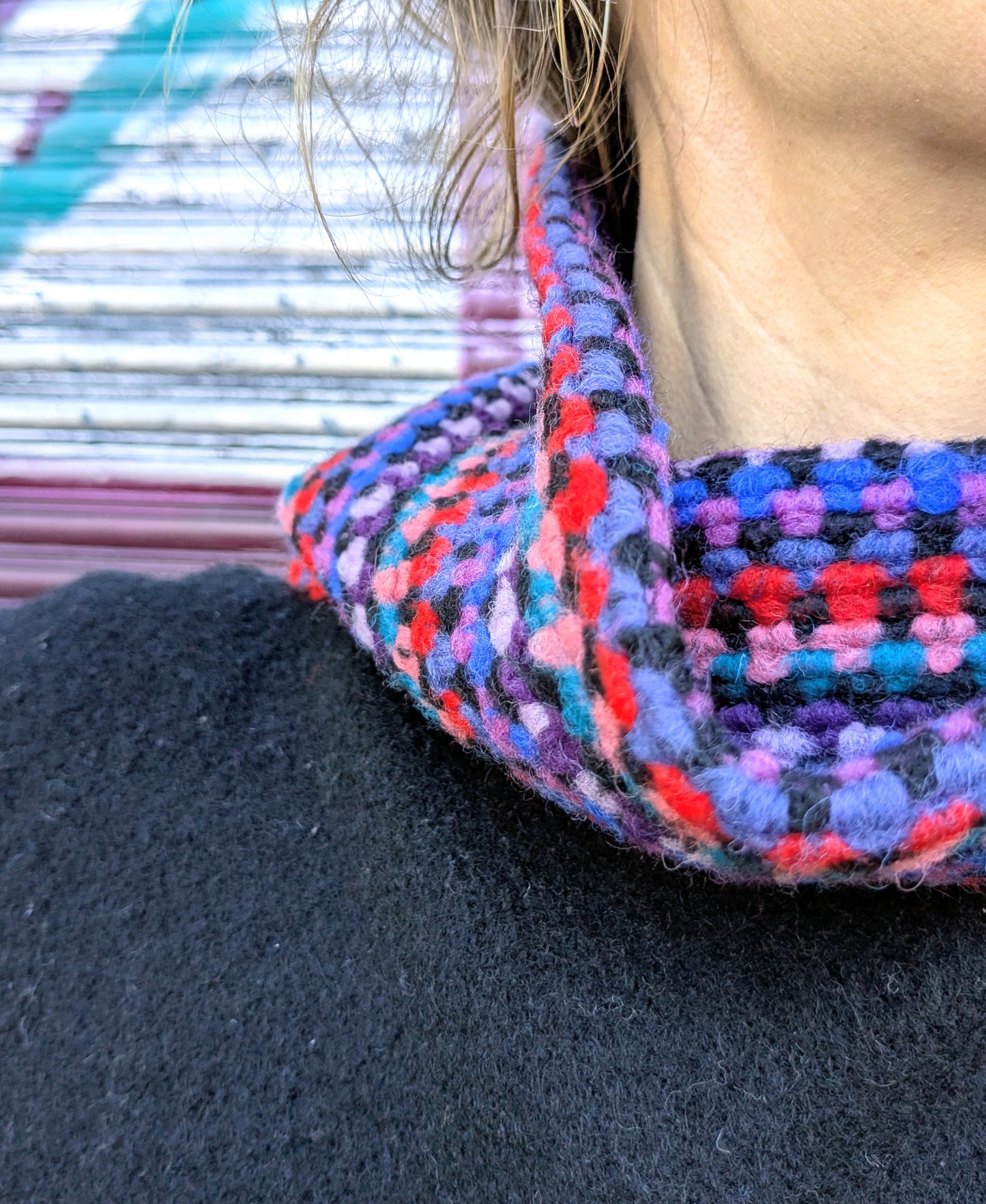 Poncho Wolle | Schwarz | Bunt | Unikat