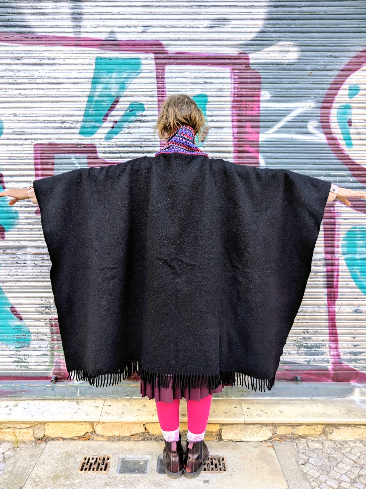 Poncho Wolle | Schwarz | Bunt | Unikat