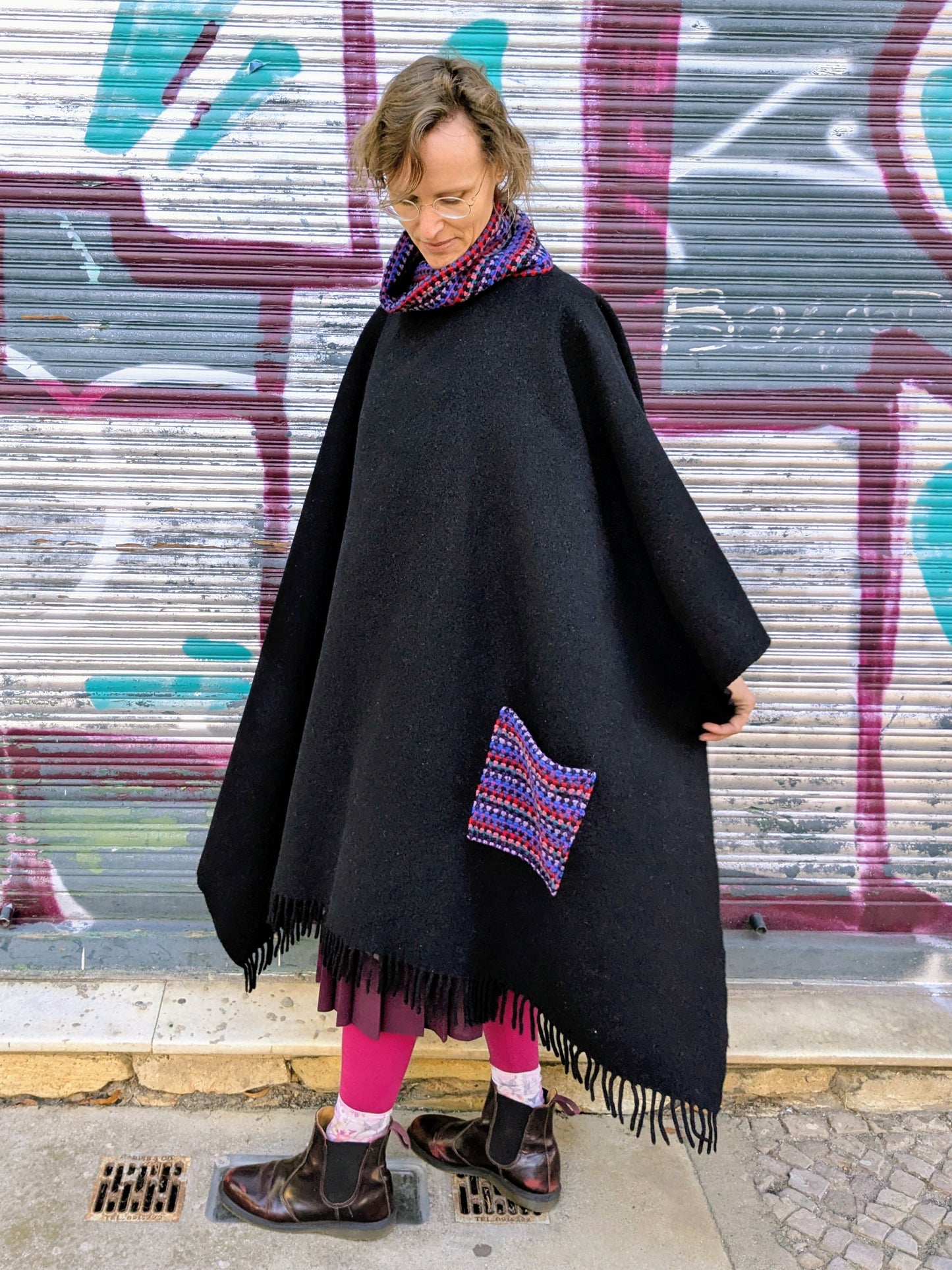 Poncho Wolle | Schwarz | Bunt | Unikat