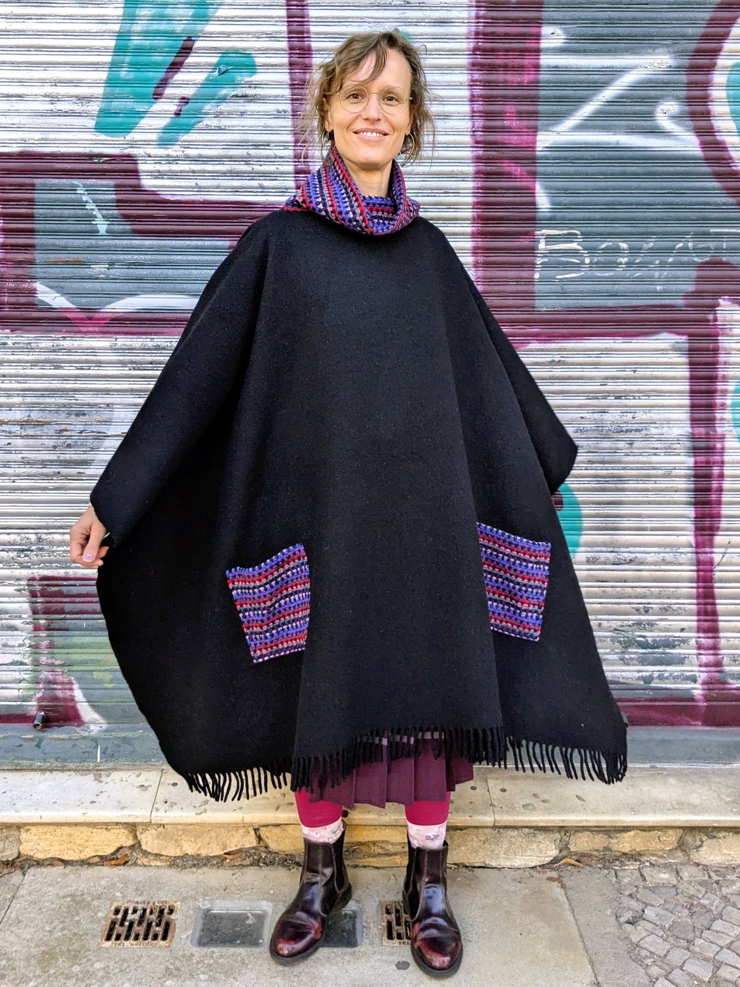 Poncho Wolle | Schwarz | Bunt | Unikat