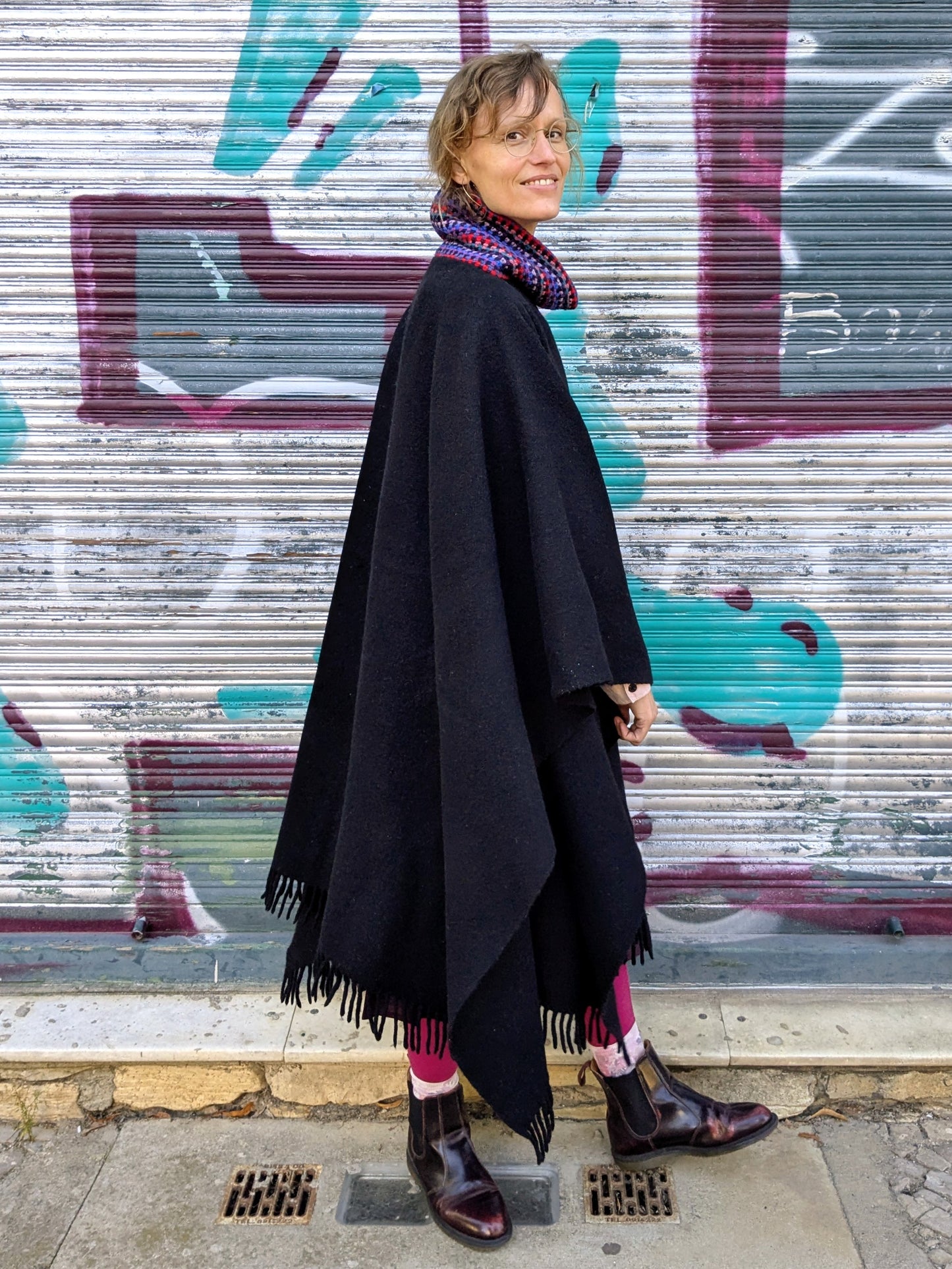 Poncho Wolle | Schwarz | Bunt | Unikat