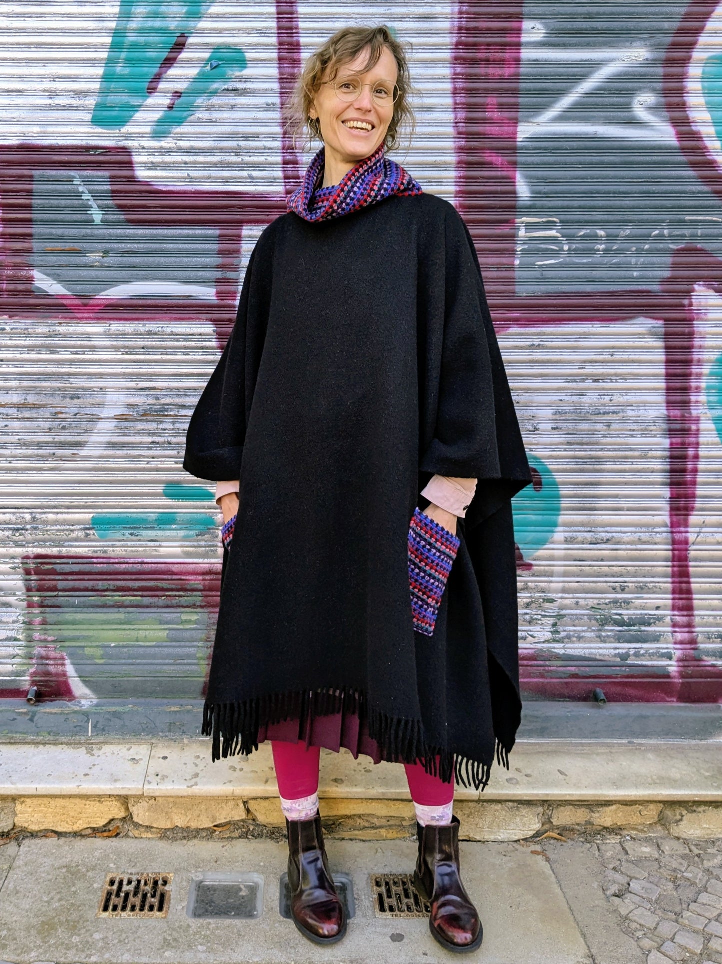 Poncho Wolle | Schwarz | Bunt | Unikat