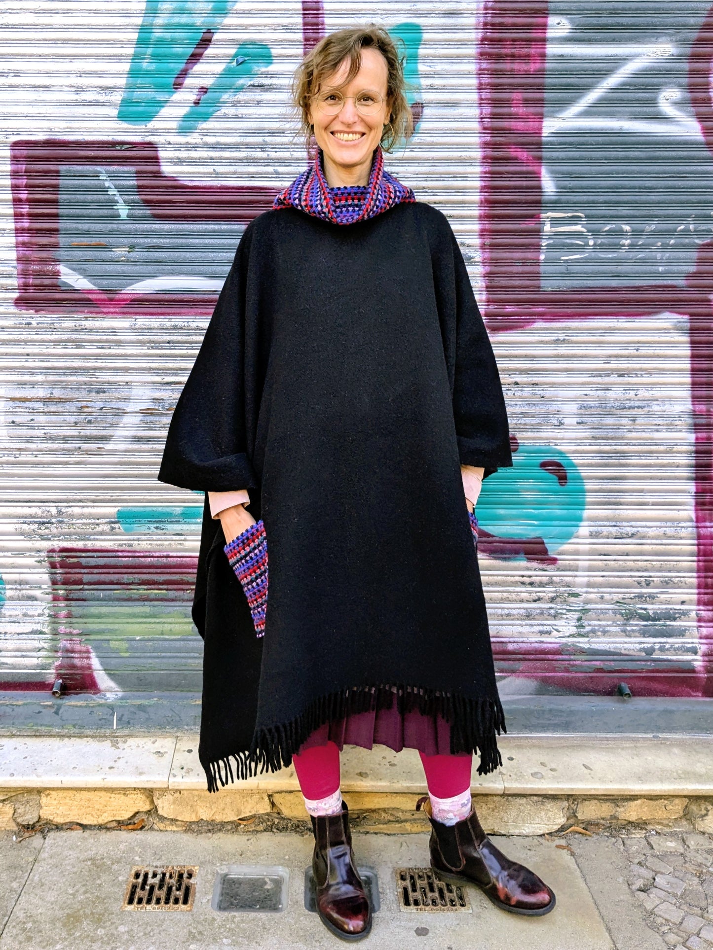 Poncho Wolle | Schwarz | Bunt | Unikat